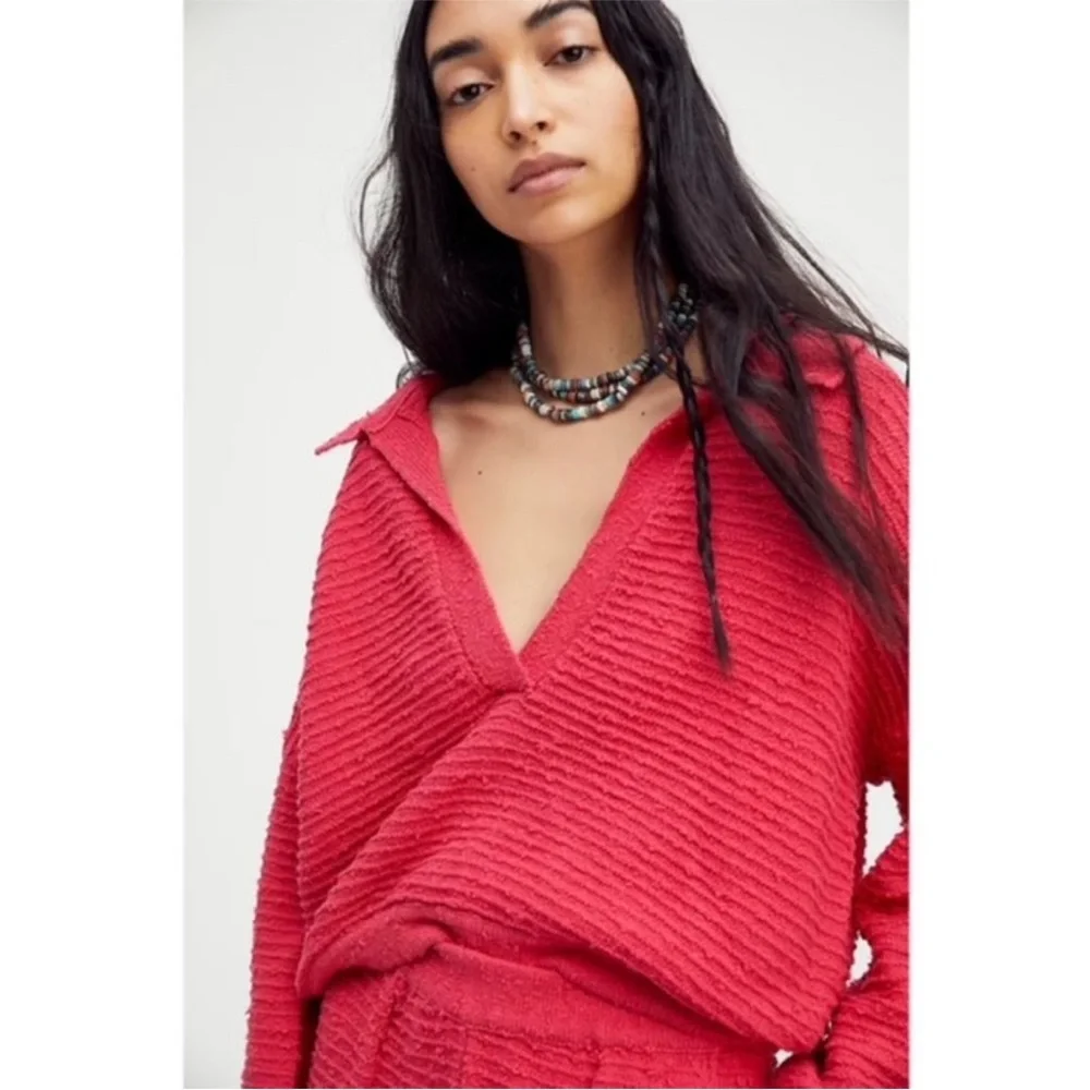 Free People Beach Carter Collared V Neck Polo Sweater Textured Fuchsia - Picture 5 of 7